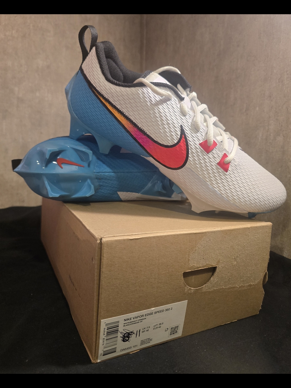Nike Vapor Edge 360 Speed 2 White Blue Crimson Cleats (DA5455-101) Men’s Size 11